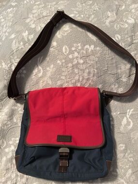 Coach Red and Navy Canvas Messenger Bag with Brown Trim
